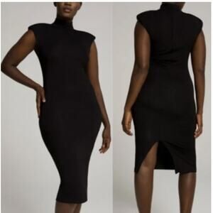 Good American Power Mock Neck Dress Black Midi Length Cap Sleeve Women's Small